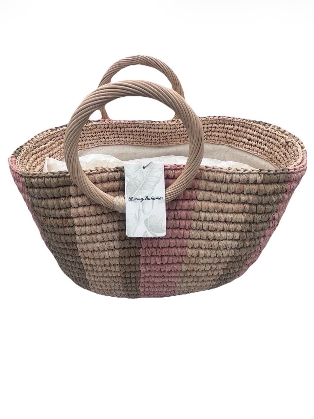 Tommy Bahama Carpinteria Handwoven Crocheted Raffia Pink & Tan Tote NWT